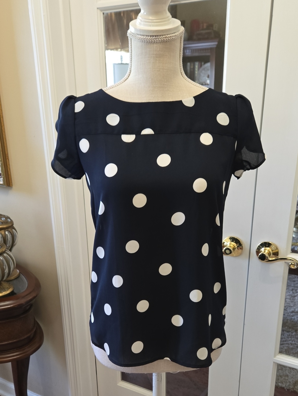 LOFT Navy and White Polka Dot Puff Split Sleeve Blouse 100% Polyester XXSP NEW